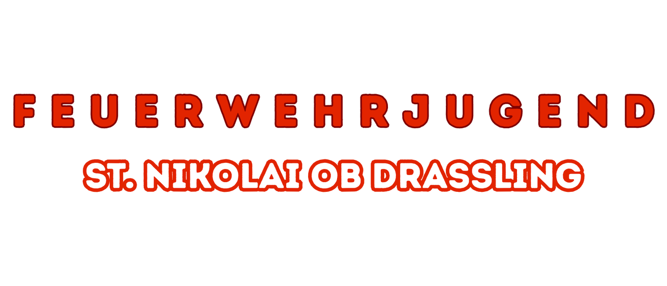 Ein weißer Hintergrund mit rotem Text. Der Text lautet oben 'FEUERWEHRJUGEND' und unten 'ST. NIKOLAY OB DRASSLING'.