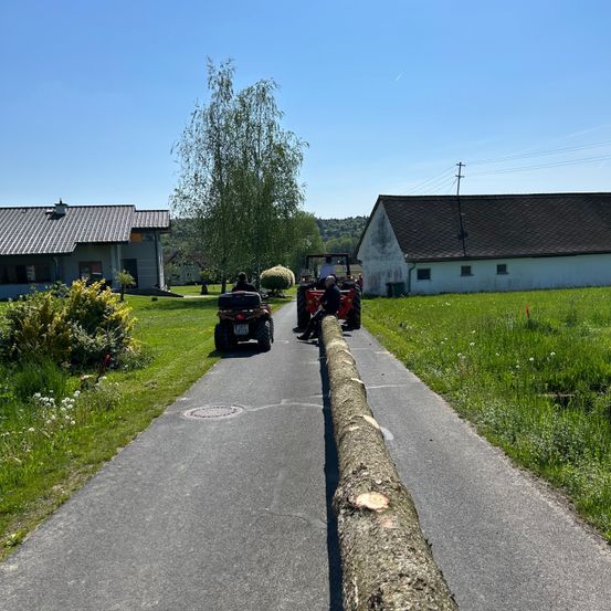 Zwei Personen ziehen einen langen Baumstamm mit zwei ATVs die Straße hinunter. Ein Haus mit grauem Dach befindet sich links, ein weißes Haus rechts.