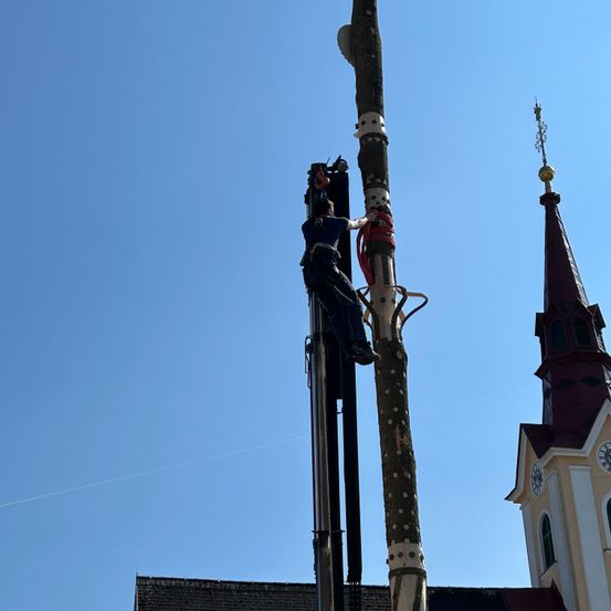 Eine Person klettert auf einen hohen Holzpfahl, der von einem Kran gehalten wird. Der Pfahl befindet sich in der Nähe einer Kirche mit einem Turm und einem Uhrturm.