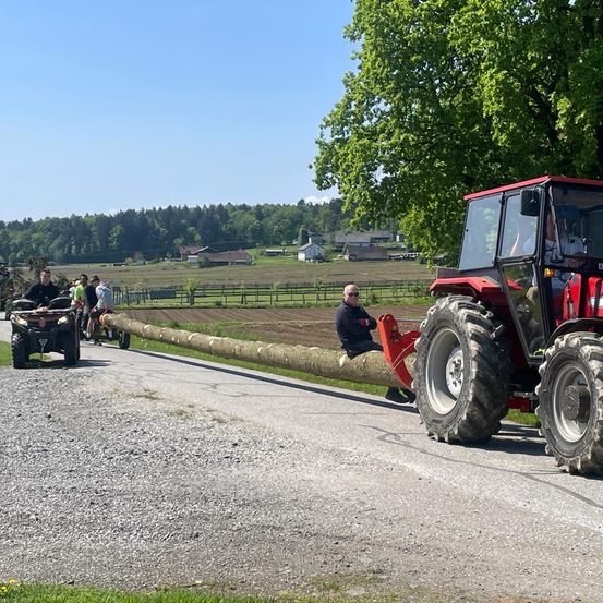 Ein Traktor zieht einen langen Baumstamm auf einer Landstraße, mit mehreren Personen, die auf einem Quad und einem Motorrad dahinter fahren. Im Hintergrund befindet sich ein weitläufiges Feld mit einem Baum und mehreren Häusern.