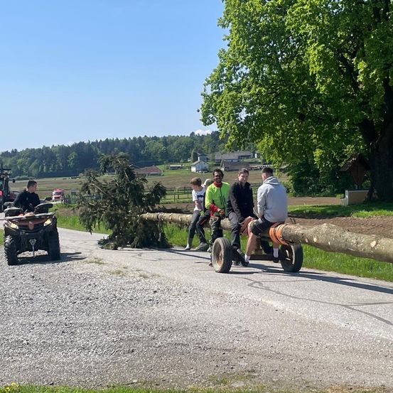 Vier junge Männer sitzen auf einem Baumstamm, der von einem Traktor gezogen wird. Der Traktor fährt auf einer Kiesstraße, vor ihm fährt ein Mann mit einem ATV.