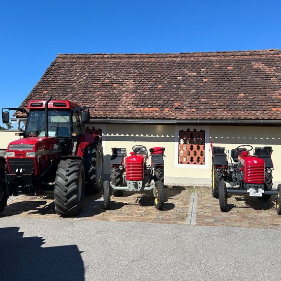 Drei rote Traktoren sind vor einem Gebäude mit einem Ziegeldach geparkt. Die Traktoren haben unterschiedliche Größen, und der größte steht links. Das Gebäude hat ein Fenster mit einem dekorativen Muster.