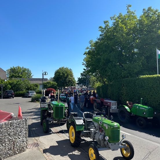 Mehrere alte Traktoren sind entlang der Straße geparkt, mit Menschen, die im Hintergrund gehen. Bäume und Büsche säumen die Straße, und eine Flagge ist rechts sichtbar.