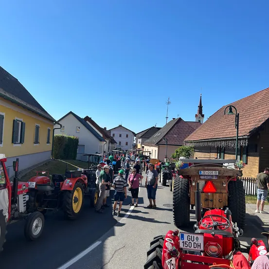 Viele Menschen und rote Traktoren versammeln sich auf einer sonnigen Straße in einem Dorf. Einige Leute tragen Hüte und Turnschuhe. Die Traktoren haben Nummernschilder. Gebäude und Bäume befinden sich auf beiden Seiten der Straße.