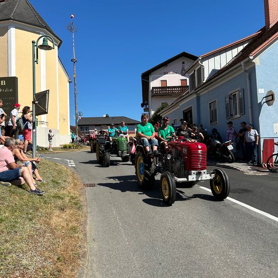 Ein Traktorkorso an einem sonnigen Tag. Mehrere Traktoren, darunter ein roter, fahren auf der Straße. Zuschauer beobachten von der Seite. Einige sitzen auf dem Gras, andere stehen in der Nähe der Gebäude. Der Himmel ist klar und blau.