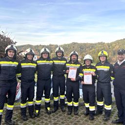 Sieben Feuerwehrleute in Uniform posieren für ein Foto, zwei halten Urkunden. Sie stehen in einer Reihe mit einem Berg und Bäumen im Hintergrund.