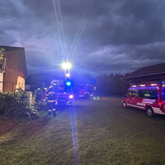 Ein Feuerwehrauto mit blauen Lichtern steht vor einem Haus. Ein Feuerwehrmann steht neben dem Auto. Ein weiteres Fahrzeug ist auf der Seite geparkt.