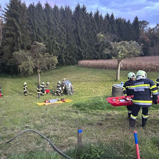 Feuerwehrleute reagieren auf einen Autounfall in einem Grasfeld, mit Bäumen und einem Wald im Hintergrund. Das Auto ist umgekippt.