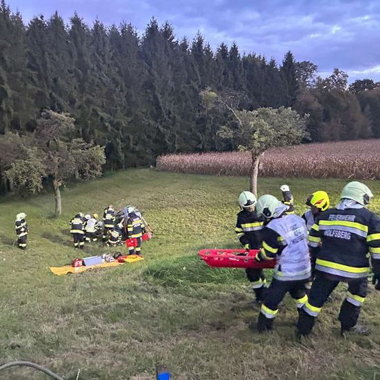 Eine Gruppe von Feuerwehrleuten befindet sich auf einem Grasfeld mit mehreren verletzten Personen. Sie tragen Helme und tragen eine rote Bahre. Ein Feuerwehrmann hält die Bahre, während die anderen sich um die Verletzten kümmern.