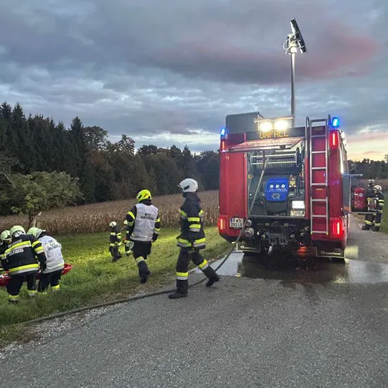 Eine Gruppe von Feuerwehrleuten reagiert auf einen Notfall mit einem Feuerwehrauto auf der Straße, an das ein Schlauch angeschlossen ist. Die Feuerwehrleute tragen Schutzausrüstung, und die Szene spielt sich in einem Feld mit bewölktem Himmel ab.