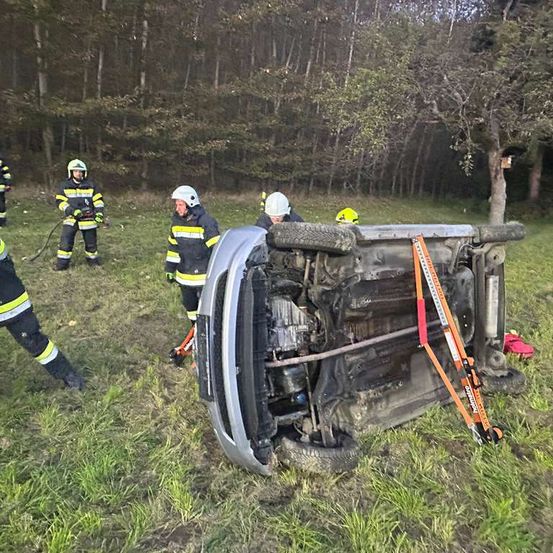 Feuerwehrleute arbeiten daran, ein umgekipptes Fahrzeug auf einem Grasfeld zu stabilisieren, mit Bäumen im Hintergrund.