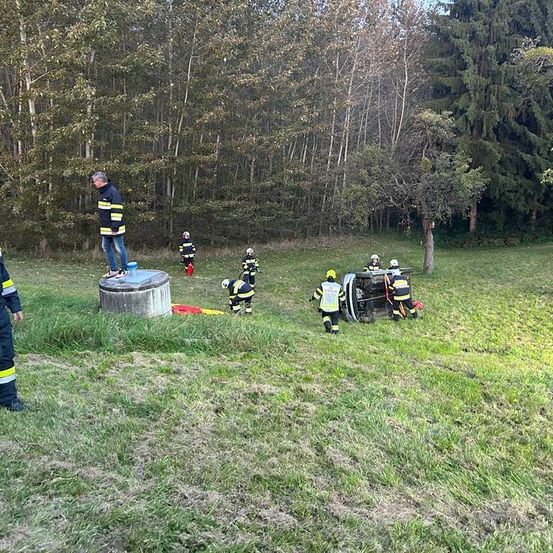 Eine Gruppe von Feuerwehrleuten kümmert sich um einen Autounfall auf einem Grasfeld mit Bäumen im Hintergrund.