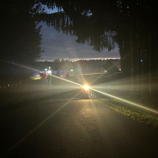 Eine Nachtszene zeigt eine Straße mit einem Motorrad im Vordergrund, dessen Scheinwerfer den Weg beleuchtet. Mehrere Fahrzeuge sind am Straßenrand geparkt, und es gibt Bäume und entfernte Lichter.