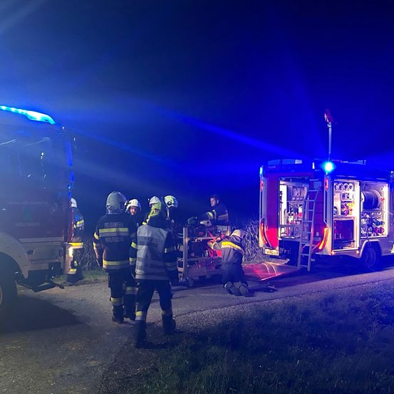 Notfallhelfer in Schutzkleidung arbeiten bei Nacht an einer Szene am Straßenrand, mit zwei Feuerwehrwagen und einem Fahrzeug in der Nähe.