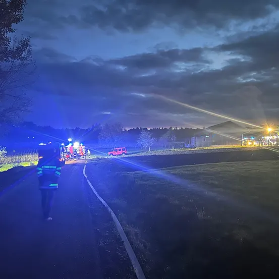 Eine Person geht auf einem dunklen Weg, wo blaue Notlichter blinken. Ein roter SUV ist geparkt, und Rettungsfahrzeuge stehen am Straßenrand.