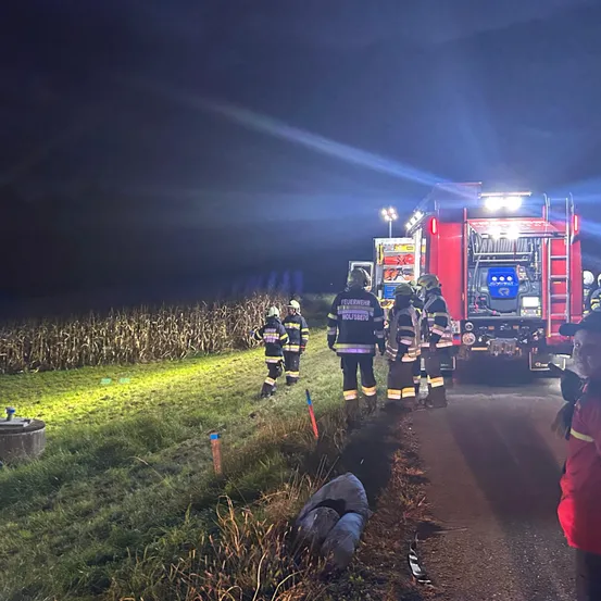 Feuerwehrleute sind um einen roten Feuerwehrwagen bei Nacht versammelt, dessen Lichter eingeschaltet sind. Die Umgebung ist ein Grasfeld, und einige Feuerwehrleute stehen vor dem Wagen.