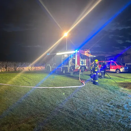 In der Nacht stehen Feuerwehrleute auf einem Rasenfeld mit einem Feuerwehrwagen und einem Krankenwagen. Sie benutzen einen Schlauch. Der Himmel ist dunkel.