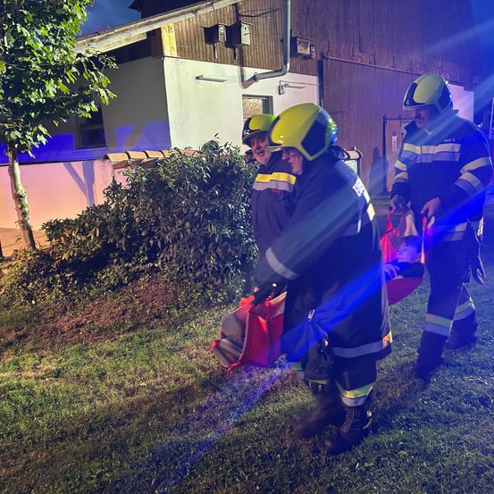 Feuerwehrleute in Schutzkleidung tragen eine Trage auf einem Rasen. Hinter ihnen steht ein Gebäude mit einem Baum, und Lichter beleuchten die Szene.