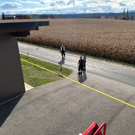 Einige Personen gehen auf einer Straße in einem ländlichen Gebiet, die durch eine gelbe Linie markiert ist. Ein Gebäude mit einem Metalldach befindet sich auf der linken Seite. Ein Maisfeld erstreckt sich über den Horizont, mit Häusern und Bäumen in der Ferne. Der Himmel ist bewölkt.