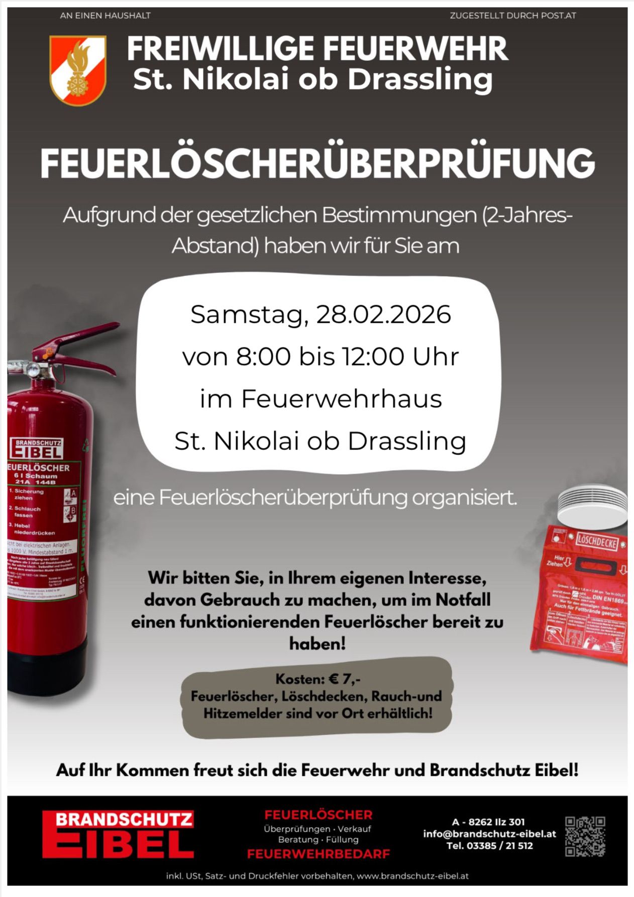 Plakat für Feuerlöscher-Überprüfung am 28.02.2026, 8:00-12:00 im Feuerwehrhaus St. Nikolai ob Drassling. Es kostet 7 Euro. Bringen Sie Ihre Feuerlöscher, Abdeckungen, Rauch- und Wärmemelder mit.