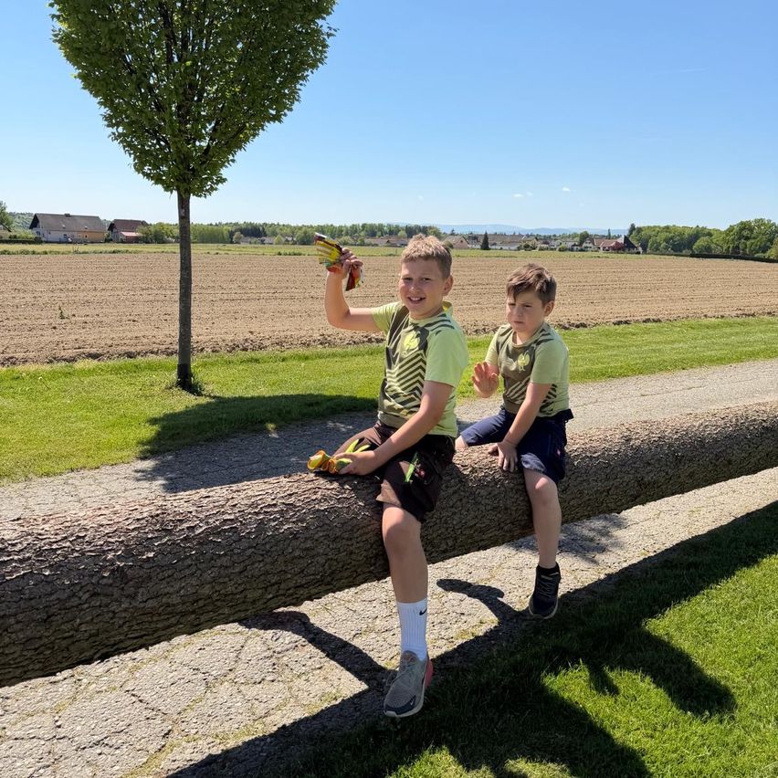 Zwei Jungen sitzen an einem sonnigen Tag auf einem Baumstamm. Ein Junge lächelt und hält einen Snack, während der andere Junge ihn ansieht. Hinter ihnen befindet sich ein Grasfeld mit einem Baum und Häusern in der Ferne.