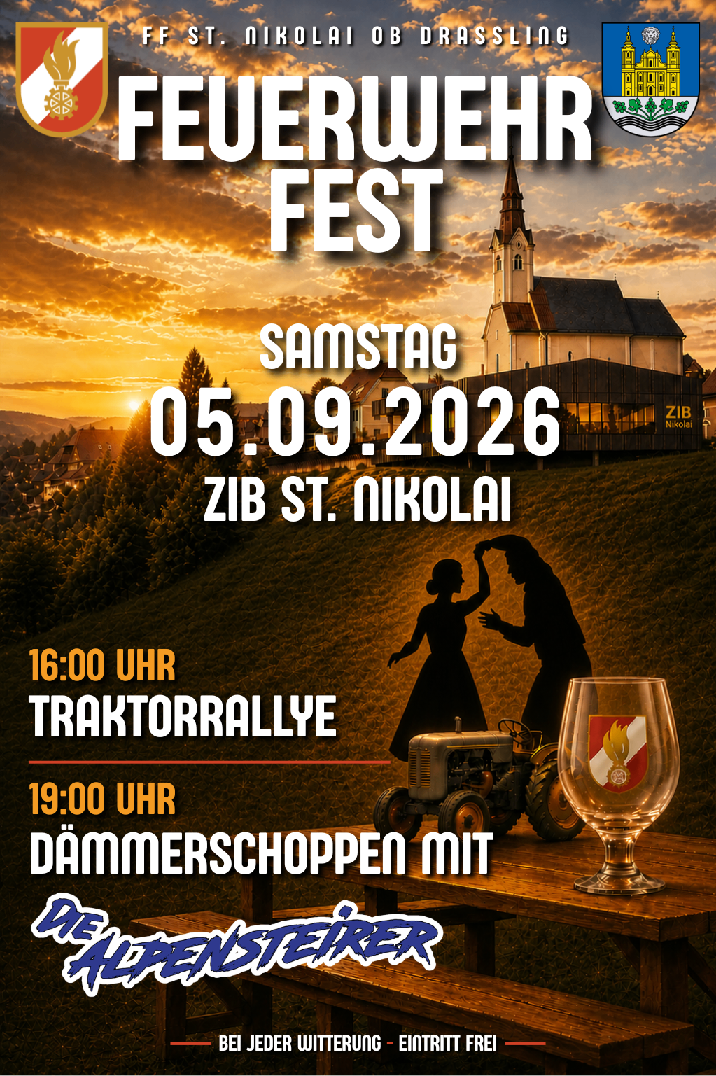 Plakat für das Fest 2026 am 5. September. Zeigt einen Sonnenuntergang, eine Kirche und ein tanzendes Paar. Zeiten: Traktorenrallye um 16:00 Uhr, Dämmerschoppen um 19:00 Uhr.