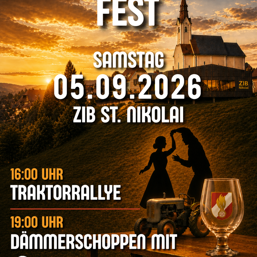 Plakat für ein Festival am 5. September 2026 mit einer Silhouette eines tanzenden Paares, einem Traktor und einem Bierglas. Die Veranstaltung findet im ZIB St. Nikolai statt.
