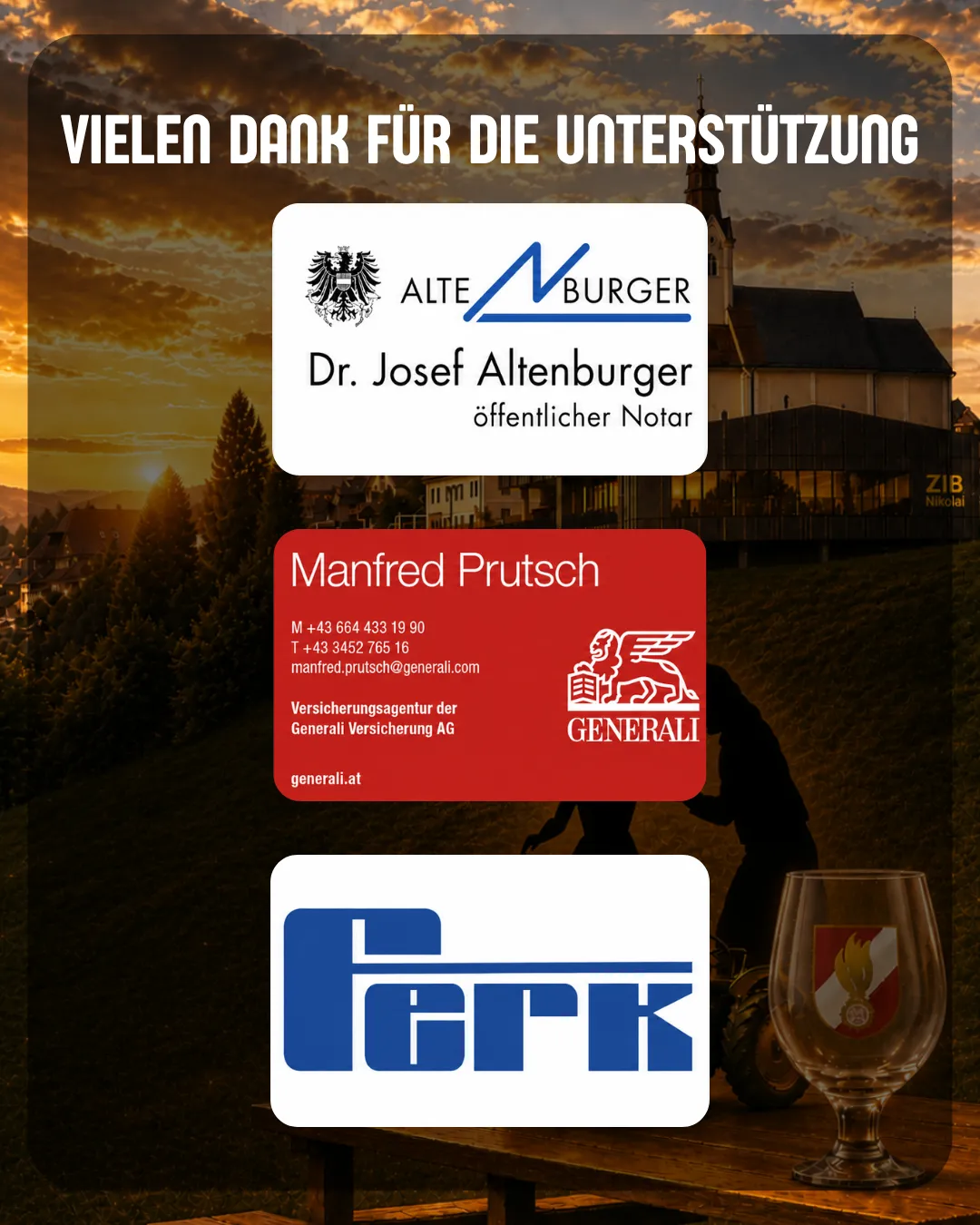 Ein Visitenkarte mit Logo und Kontaktdaten für Manfred Prutsch, einen Vertreter der Generali Versicherungsagentur der Generali Versicherungs AG. Die Karte enthält eine Telefonnummer, E-Mail-Adresse und Website. Der Hintergrund zeigt einen Sonnenuntergang und eine Silhouette einer Person.