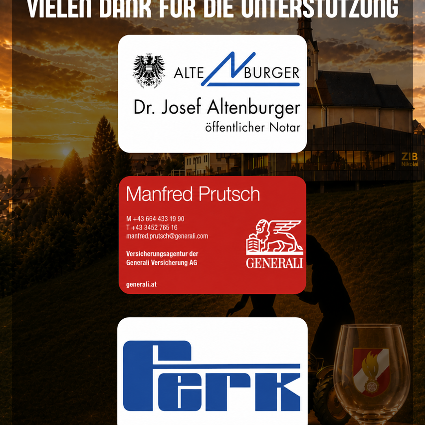Ein Visitenkarte mit Logo und Kontaktdaten für Manfred Prutsch, einen Vertreter der Generali Versicherungsagentur der Generali Versicherungs AG. Die Karte enthält eine Telefonnummer, E-Mail-Adresse und Website. Der Hintergrund zeigt einen Sonnenuntergang und eine Silhouette einer Person.