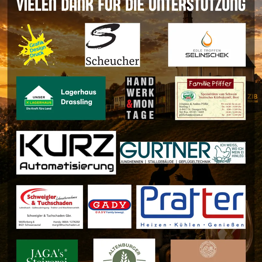 Ein Bild mit verschiedenen Logos und Texten, darunter 'Kurz Automatisierung', 'Gurtner', 'Prater' und 'Jaga's', auf einem Sonnenuntergangshintergrund.