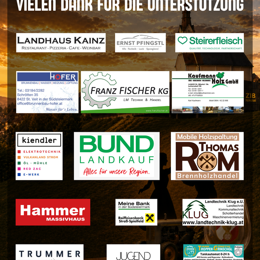 Ein Plakat mit verschiedenen Logos und Texten, darunter 'Vielen Dank für die Unterstützung' oben, gefolgt von mehreren Firmenlogos und Kontaktinformationen. Das Bild ist klar und gut komponiert.