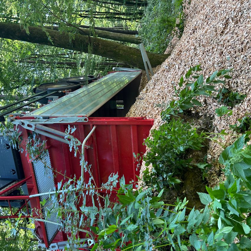 Ein roter LKW entlädt Holzspäne in einen Haufen. Der LKW ist in einem Waldgebiet mit vielen Bäumen und Pflanzen geparkt.