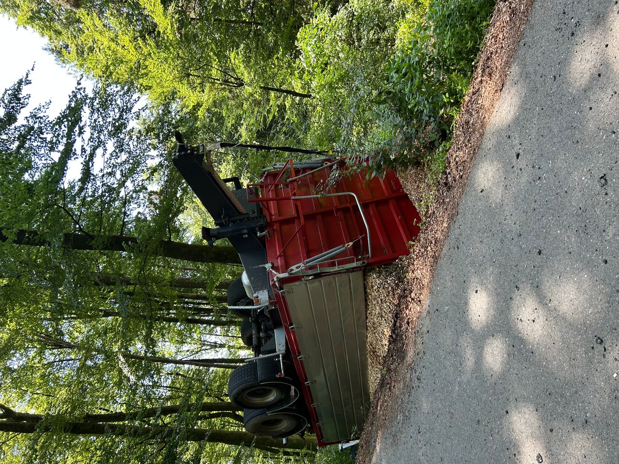 Ein roter Lastwagen mit Anhänger ist auf der Straßenseite umgekippt, umgeben von Bäumen. Der Lastwagen scheint an einem Hang zu stehen.