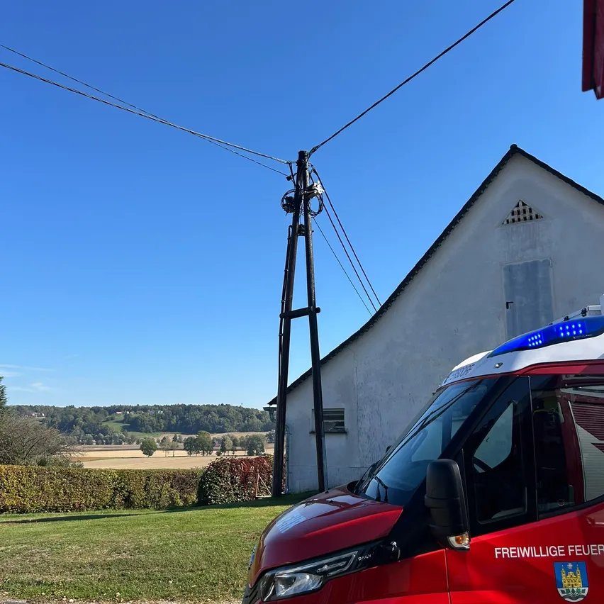 Ein roter Feuerwehrwagen steht vor einem weißen Gebäude mit einem steilen Dach. Der Wagen hat ein blaues Licht oben und den Text 'Freiwillige Feuerwehr Leitersdorf' an der Seite.