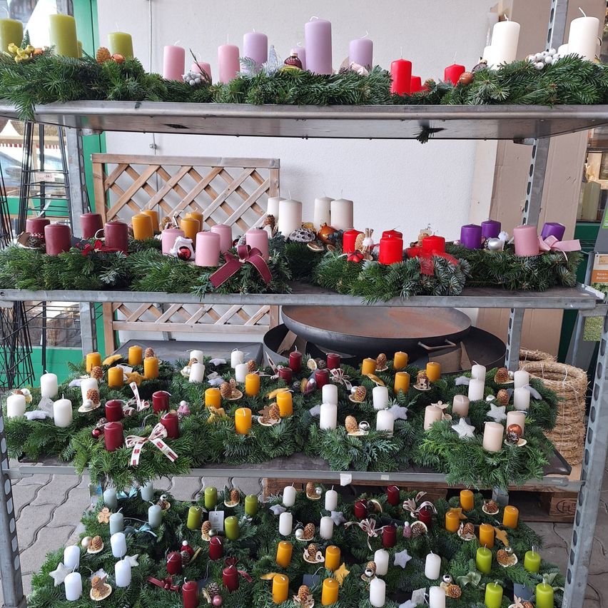 Ein Metallregal zeigt mehrere Kränze aus immergrünen Pflanzen, die mit Kerzen in verschiedenen Farben verziert sind, in einem Geschäft platziert.