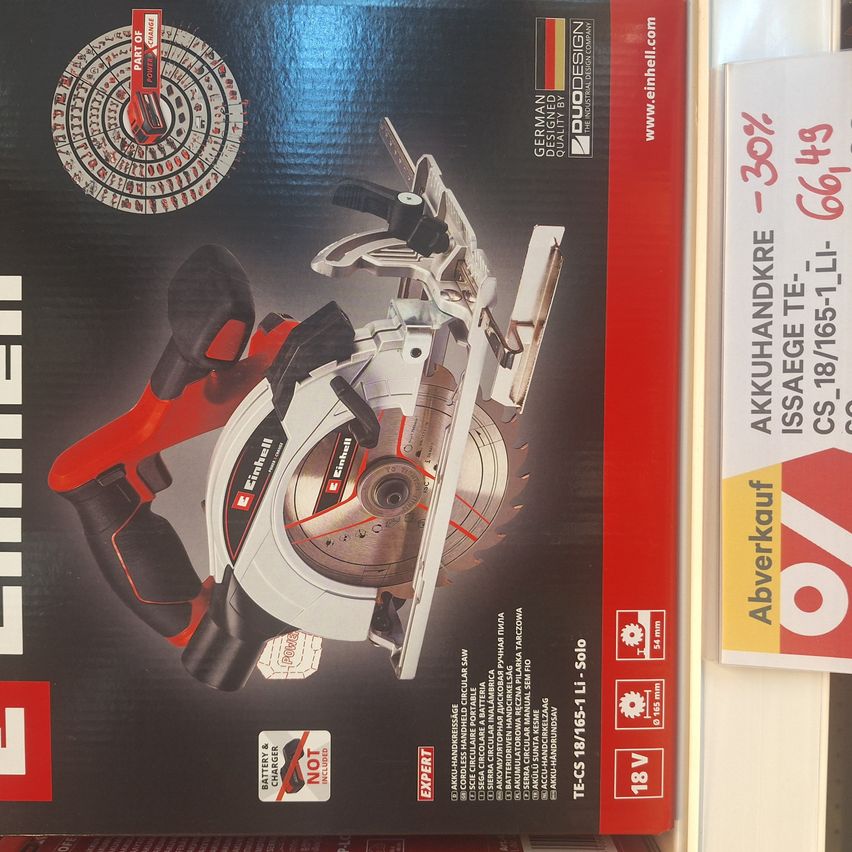 A box for a cordless circular saw, featuring a detailed image of the saw, specifications, and a German design label.