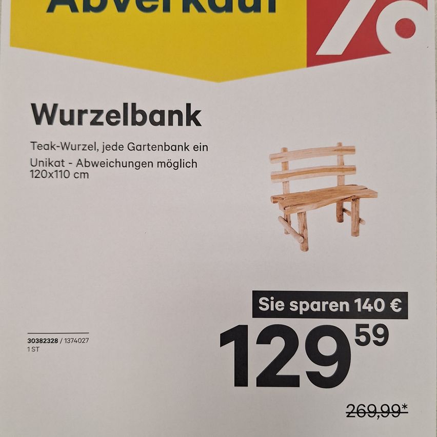 Rabattanzeige für eine Wurzelbank, eine einzigartige Gartenbank mit Abmessungen 120x110 cm, zum Preis von 129,59 Euro. Ursprünglicher Preis war 269,99 Euro. Sparen Sie 140 Euro. ID: 30382328 / 1374027. 1ST.