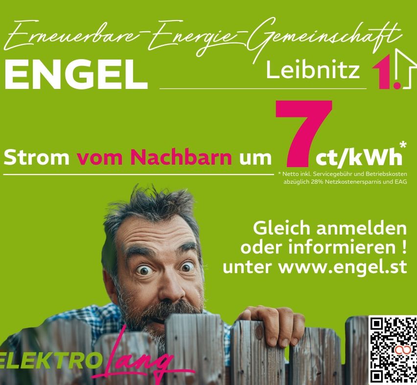 Eine Werbung für die erneuerbare Energie von Engel zeigt einen Mann, der über einen Zaun späht, mit einem Preisschild von 7 Cent pro kWh. Es wird eine Einsparung von 28% bei den Stromkosten erwähnt und die Zuschauer werden eingeladen, sich anzumelden oder mehr Informationen unter www.engel.st zu erhalten.