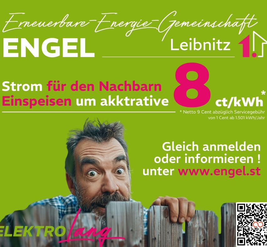 Eine Werbung für ENERGEL, eine erneuerbare Energiegenossenschaft, bietet 8 Cent pro kWh netto für Nachbarn. Das Bild zeigt einen überraschten Mann, der über einen Zaun mit einem QR-Code für www.engel.st lugt.