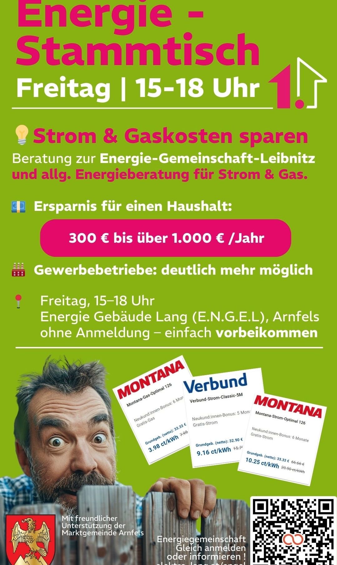 Advertisement for energy savings, offering a consultation for energy community participation and general energy advice for electricity and gas. It highlights savings of 300 to over 1,000 Euros per year for households and mentions an event on Friday from 3 to 6 PM at Energie Gebäude Lang (E.N.G.E.L.), Arnfels. It also shows an offer for new customers.