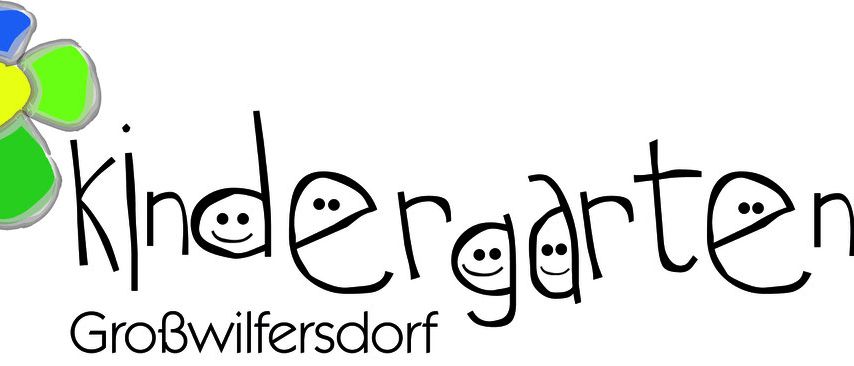 Eine bunte Blume mit lächelnden Gesichtern buchstabiert 'Kindergarten' in einer verspielten Schriftart, wobei 'GroBwilfersdorf' darunter in einem einfachen Stil geschrieben steht.