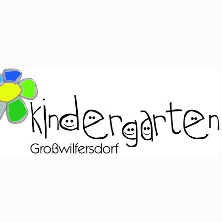 Das Kindergartenlogo zeigt eine bunte Blume mit lächelnden Gesichtern und den Namen GroBwilfersdorf in kursiver Schrift.