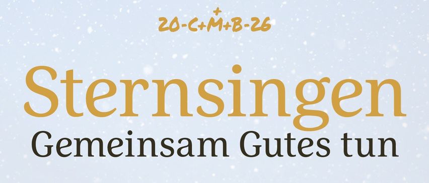 Ein blauer Hintergrund mit weißen Schneeflocken, auf dem ein großer goldener Text 'ernsing' und darunter 'einsam Gutes' steht. Die Zahlen '20-C+M+B-26' sind oben in der Mitte.