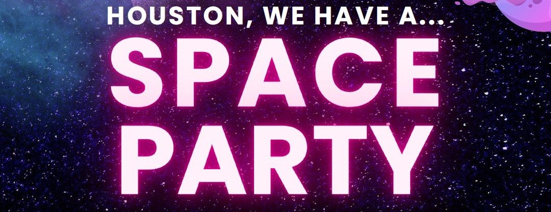 Ein lila und rosa Hintergrund mit fetter weißer Schrift, die 'HOUSTON, WIR HABEN EINE RAUMPARTY' steht. Der Text ist in einer futuristischen, leuchtenden Schrift stilisiert.