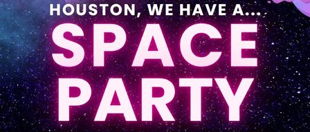 Ein lila und rosa Hintergrund mit fetter weißer Schrift, die 'HOUSTON, WIR HABEN EINE RAUMPARTY' steht. Der Text ist in einer futuristischen, leuchtenden Schrift stilisiert.