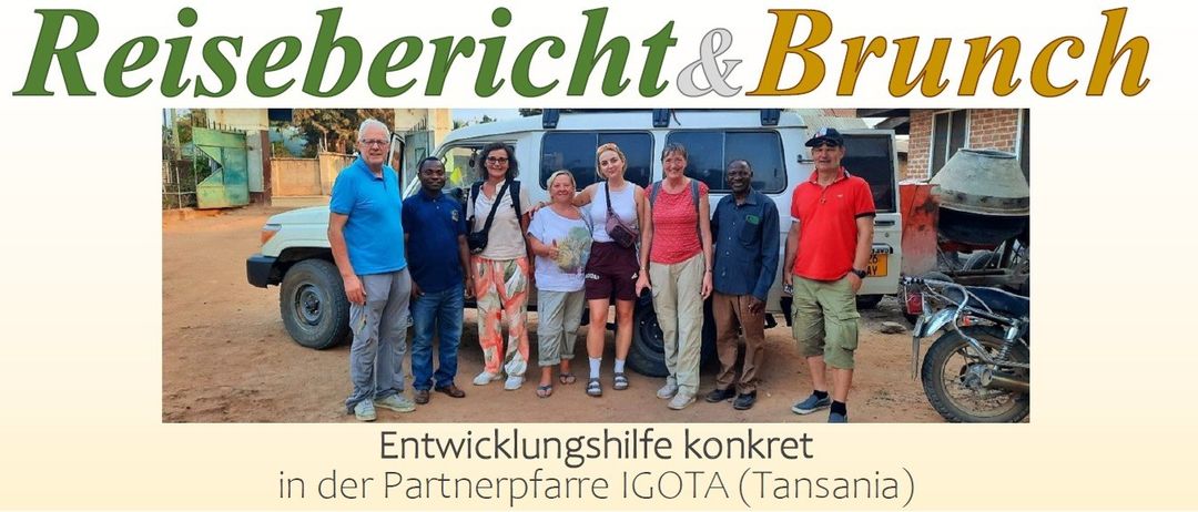 Eine Gruppe von Menschen steht vor einem Fahrzeug. Der Text lautet 'Entwicklungshilfe konkret in der Partner-Fahrt IGOTA (Tansania)'.
