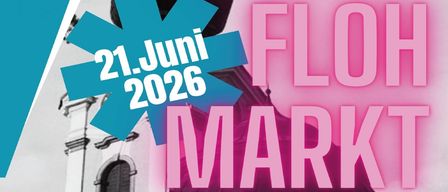 Ein Poster mit einem Gebäude und einem blauen Sternensymbol im Vordergrund. Es steht '21. Juni 2026 FLO MAR' auf einem rosa Hintergrund.