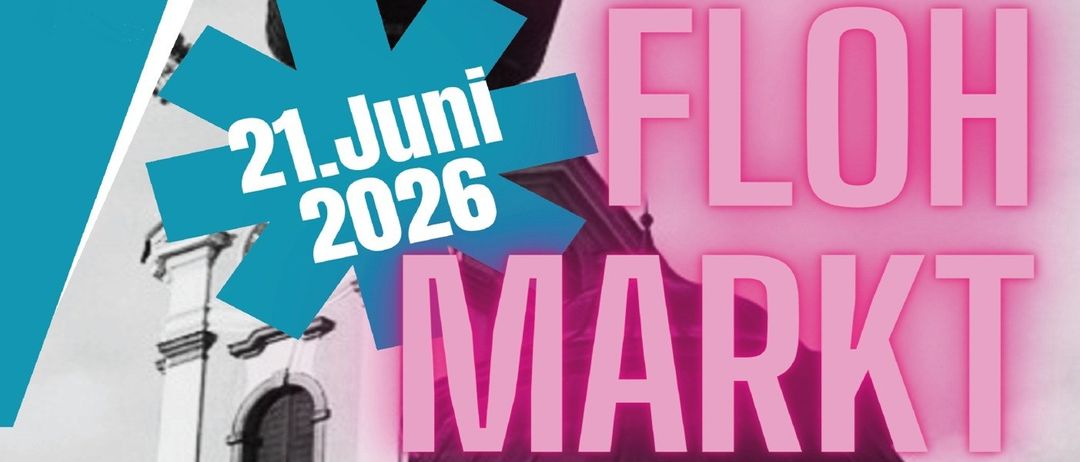 Ein Poster mit einem Gebäude und einem blauen Sternensymbol im Vordergrund. Es steht '21. Juni 2026 FLO MAR' auf einem rosa Hintergrund.