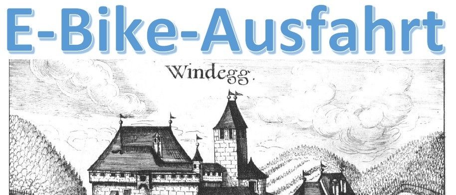 Eine Schwarz-Weiß-Zeichnung einer Burg mit dem Text 'Bike-Ausfahrt Windegg' darüber. Die Burg hat mehrere Türme und Flaggen oben.