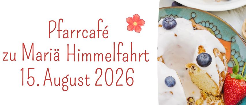 Ein weißer Plakat mit rotem Text 'arrcafe Himmelfahrt August 2026' und einem roten Blumensymbol. Rechts ein Dessert mit Blaubeeren und Sahne.